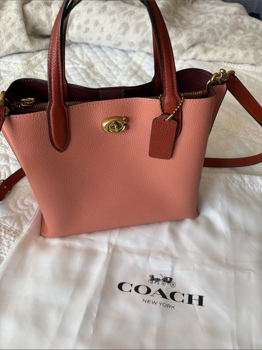 COACH Willow Colorblock Leather Tote 24 Shoulder Bag Crossbody Light Coral